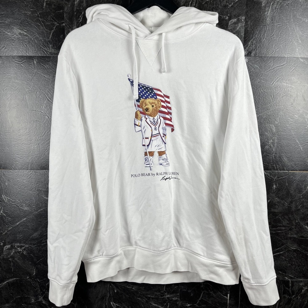 Polo Ralph Lauren Men's White Team USA Polo Bear Hoodie Medium -Flaws